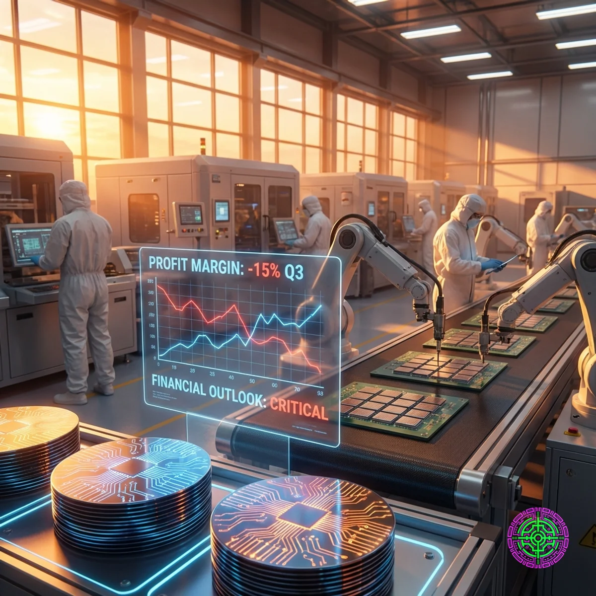 Instalación futurista de fabricación de semiconductores que muestra chips de IA avanzados con gráficos de márgenes de beneficio decrecientes