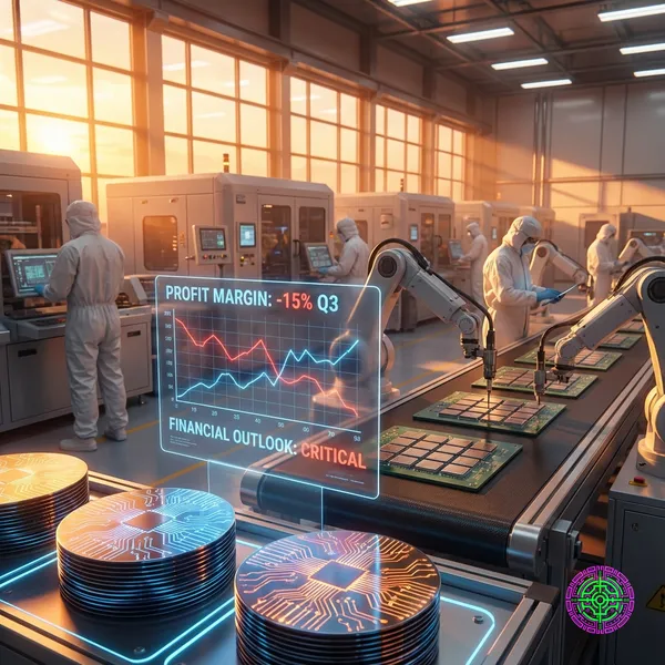 Futuristic semiconductor manufacturing facility showing advanced AI chips with declining profit margin graphs