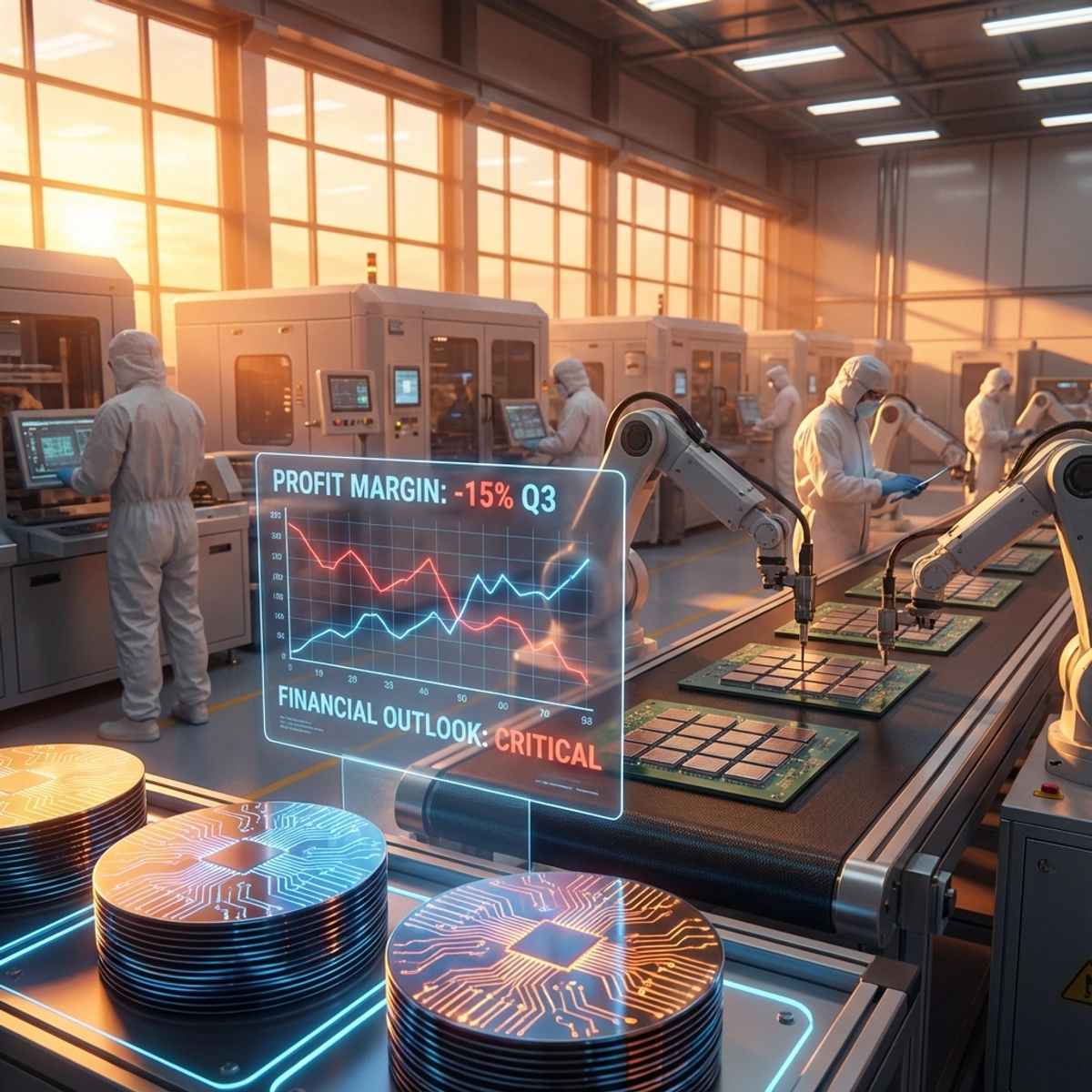 Futuristic semiconductor manufacturing facility showing advanced AI chips with declining profit margin graphs