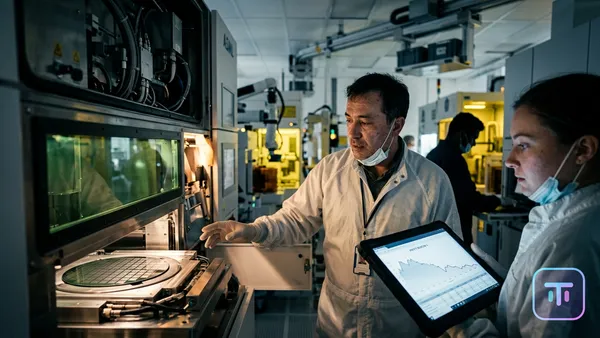Futuristische Halbleiterfertigungsanlage mit fortschrittlichen KI-Chips und Diagrammen sinkender Gewinnmargen