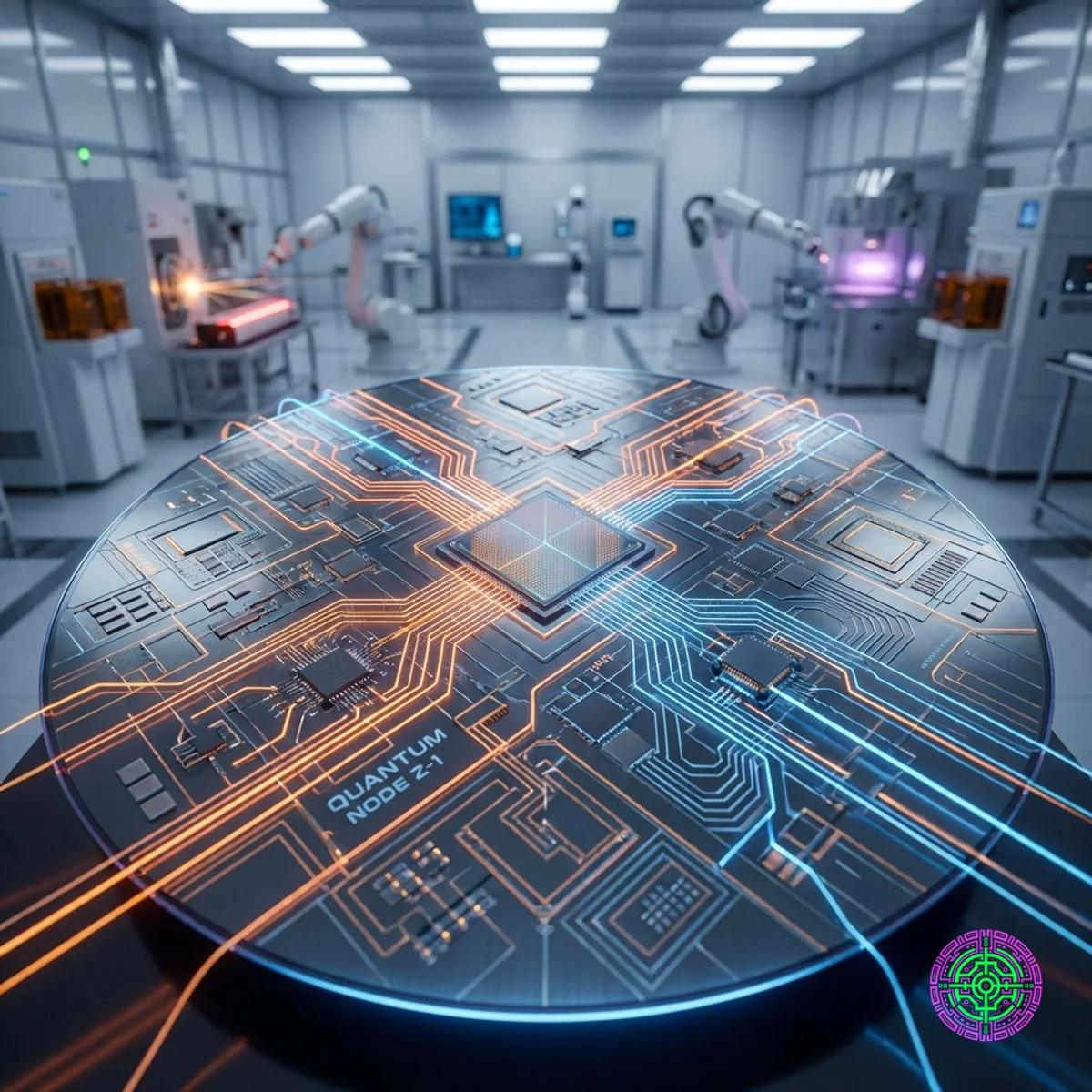 Um wafer de silício personalizado futurista brilhando com caminhos de rede complexos em uma instalação de fabricação de alta tecnologia.