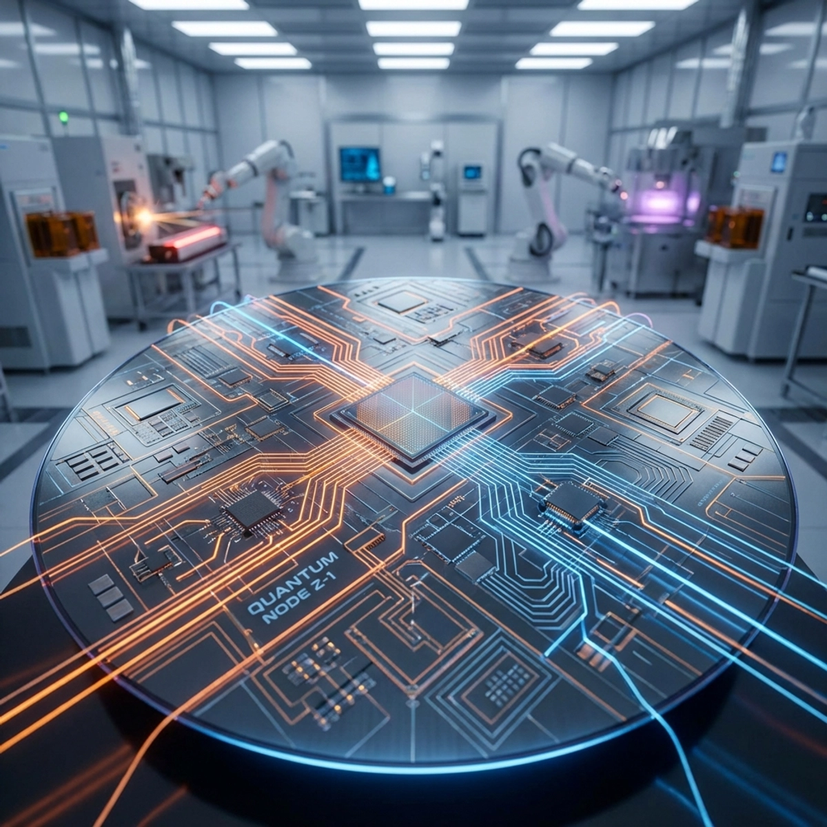 ハイテク製造施設で複雑なネットワーク経路で光る未来的なカスタムシリコンウェーハ。