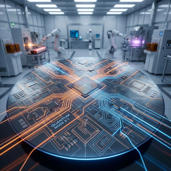 A futuristic custom silicon wafer glowing with complex networking pathways in a high-tech manufacturing facility.