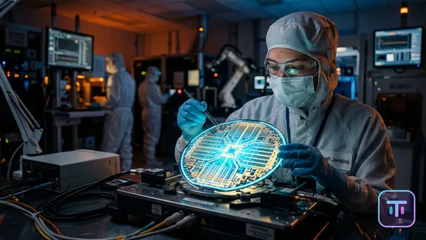 Ein futuristischer kundenspezifischer Siliziumwafer, der mit komplexen Netzwerkpfaden in einer High-Tech-Fertigungsanlage leuchtet.