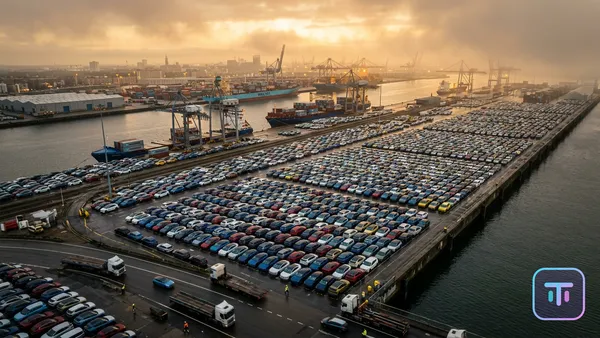Luftaufnahme von einem riesigen Hafen, der mit bunten Elektrofahrzeugen unter einem nebligen Himmel zur goldenen Stunde überflutet ist.