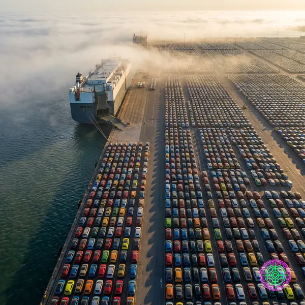 Aerial view of a massive port overflowing with colorful electric vehicles under a foggy golden hour sky.