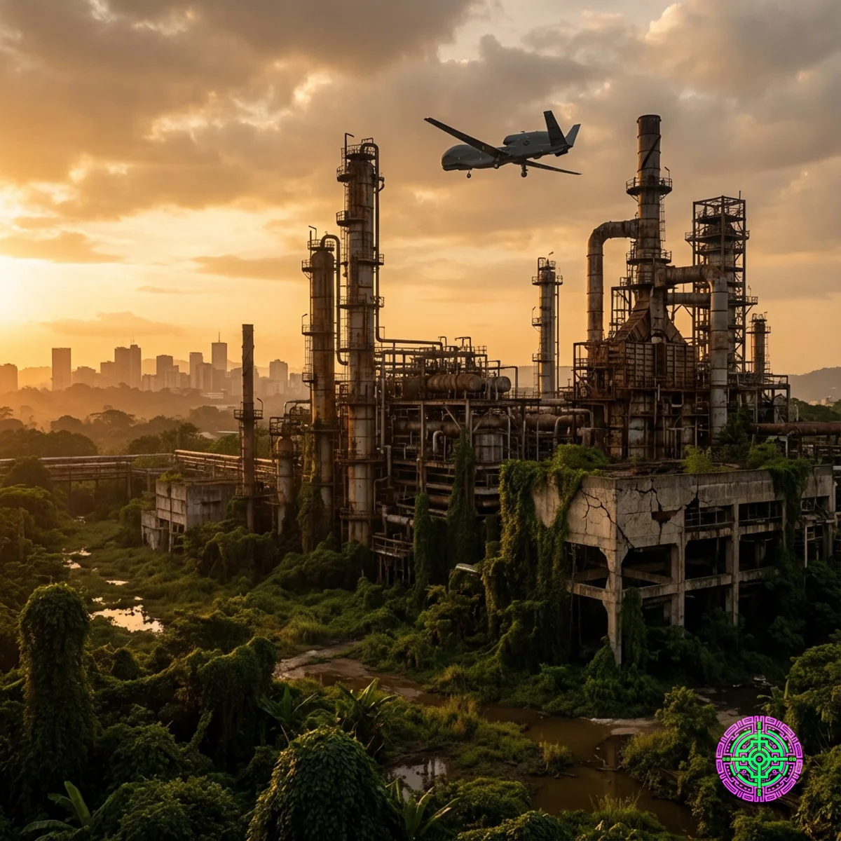 Decaying oil upgrader in Venezuela with a U.S. military drone overhead during golden hour