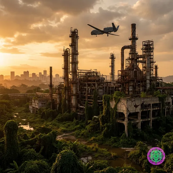 Decaying oil upgrader in Venezuela with a U.S. military drone overhead during golden hour