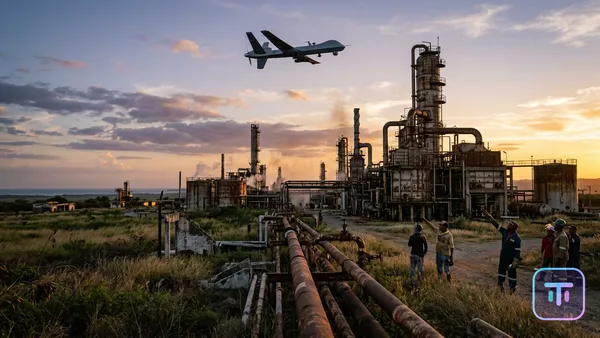Decaying oil upgrader in Venezuela with a U.S. military drone overhead during golden hour