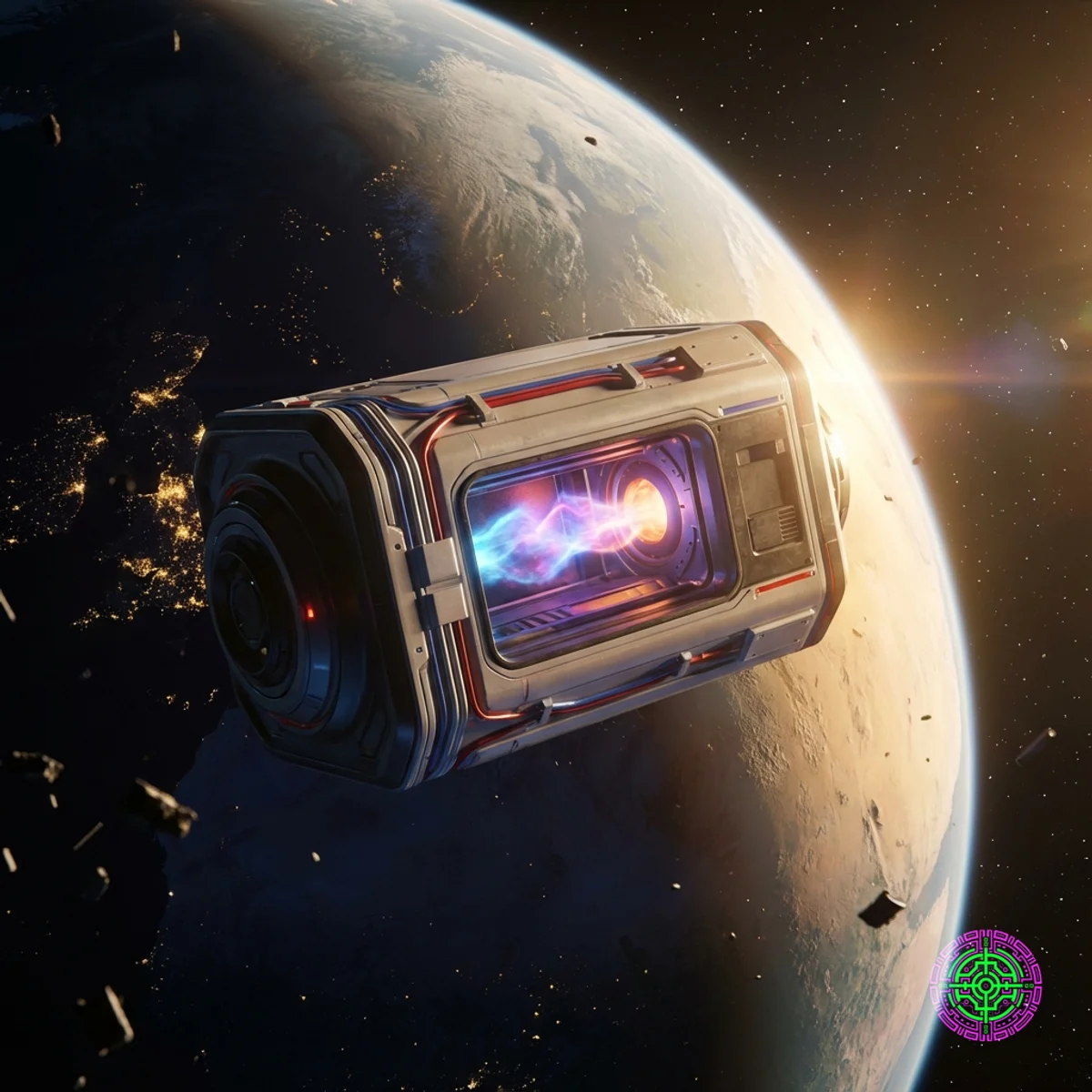 Um forno de semicondutores orbital futurista flutuando sobre a Terra ao amanhecer.