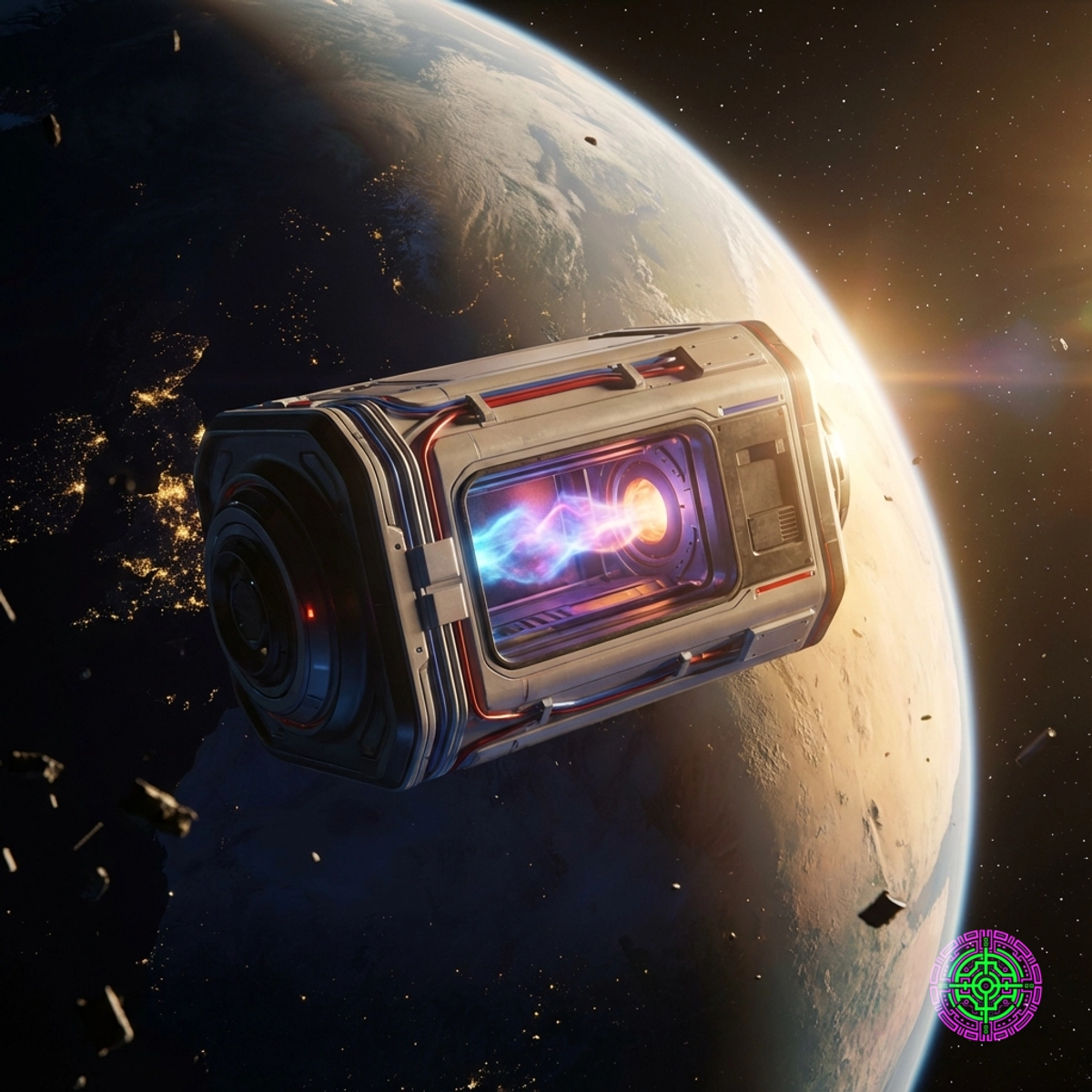 Un horno de semiconductores orbital futurista flotando sobre la Tierra al amanecer.