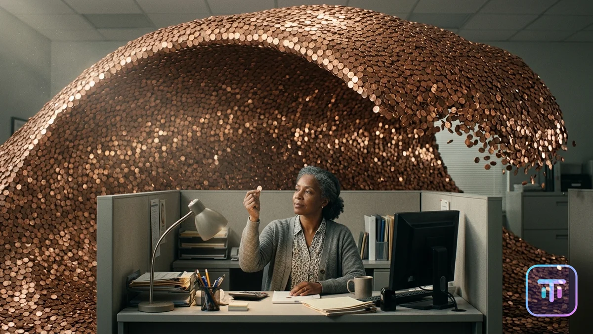 A serene accountant admires a single penny at her cubicle desk while a giant tsunami wave of pennies curls over her, about to crash