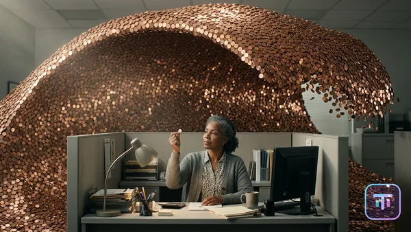 A serene accountant admires a single penny at her cubicle desk while a giant tsunami wave of pennies curls over her, about to crash