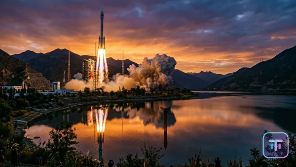 Long March rocket launching at sunrise with stylized Falcon 9 reflection