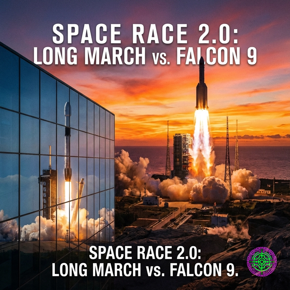 Long March rocket launching at sunrise with stylized Falcon 9 reflection