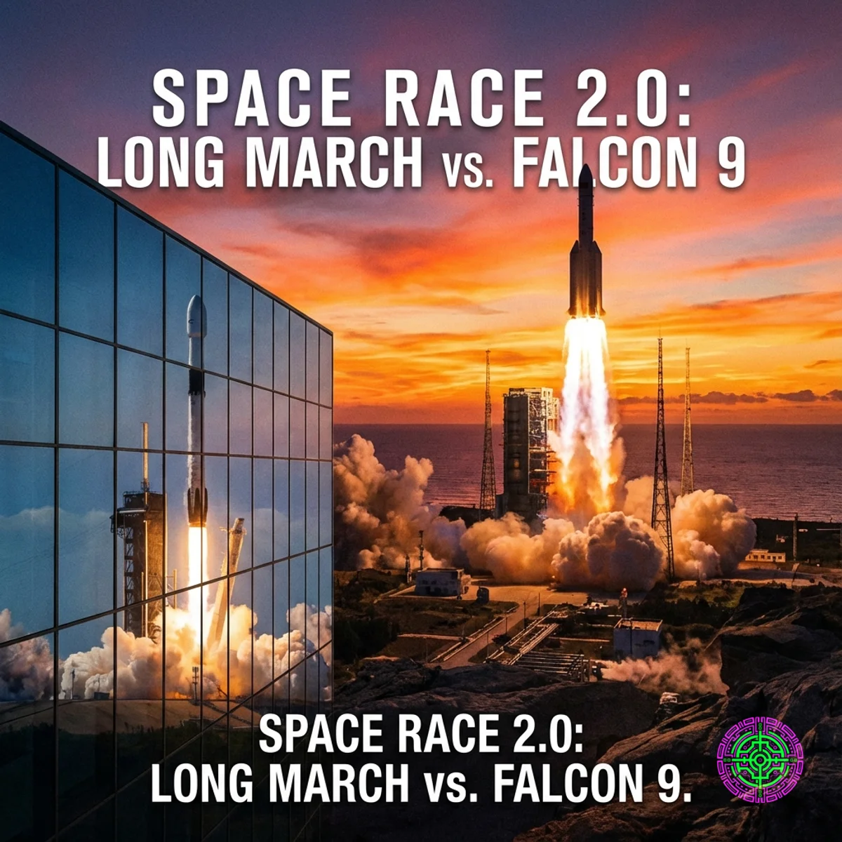 Trägerrakete Langer Marsch startet bei Sonnenaufgang mit stilisierter Falcon 9-Reflexion