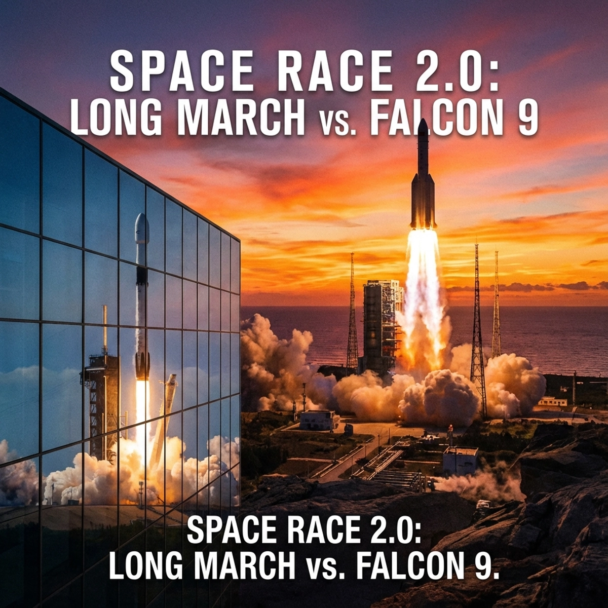 Long March rocket launching at sunrise with stylized Falcon 9 reflection