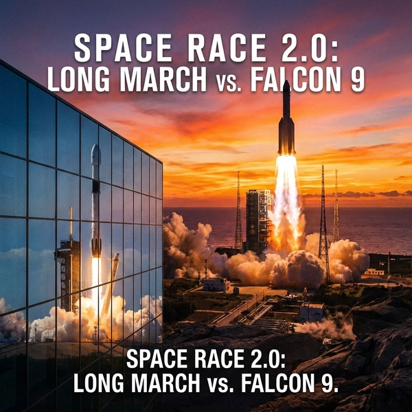 Long March rocket launching at sunrise with stylized Falcon 9 reflection