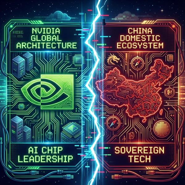 Digital illustration of Nvidia logo vs Chinese tech circuit board split