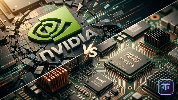 Digitale Illustration des Nvidia-Logos vs. geteilte chinesische Tech-Leiterplatte