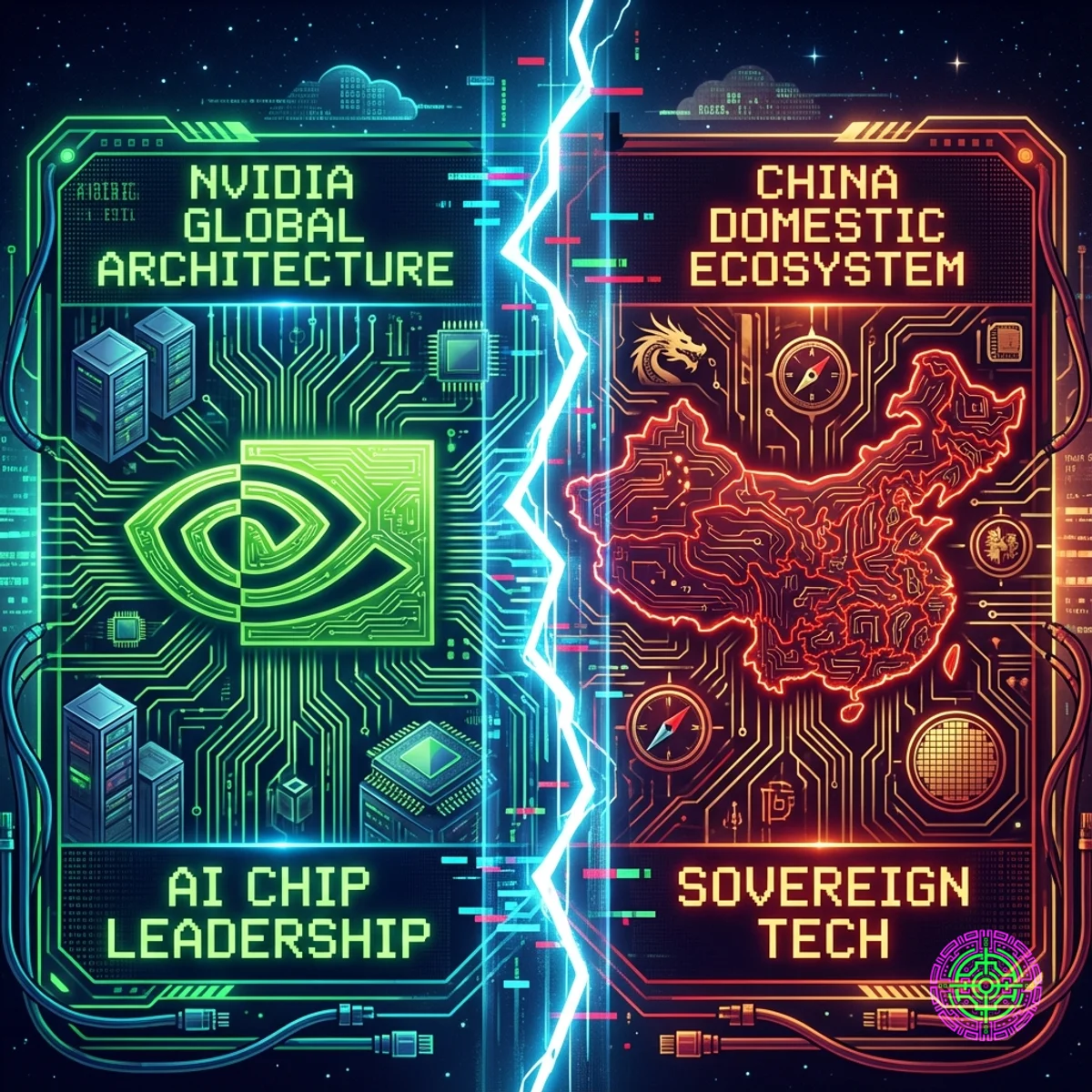 Digitale Illustration des Nvidia-Logos vs. geteilte chinesische Tech-Leiterplatte