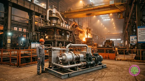 A compact supercritical CO2 turbine-generator assembly on a steel skid inside a working Chinese steel mill, with an engineer in an orange hard hat standing beside it. Glowing molten steel and massive blast furnace infrastructure fill the background.