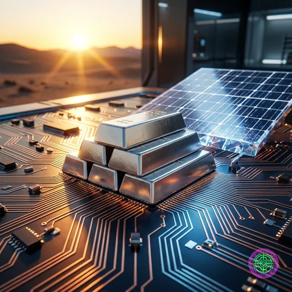 A stack of silver ingots on a circuit board transitioning into a solar panel.
