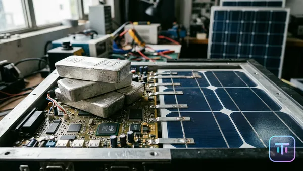 A stack of silver ingots on a circuit board transitioning into a solar panel.