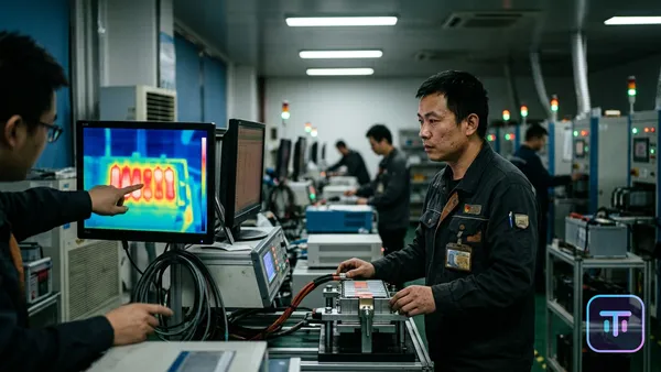 A high-tech battery testing facility in Shenzhen with thermal imaging monitors.