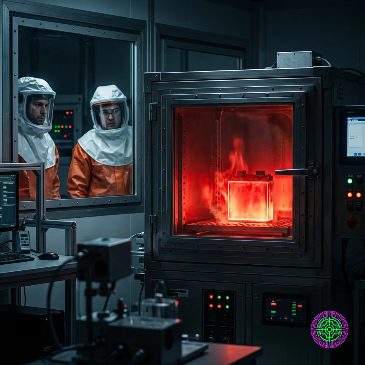 A high-tech battery testing facility in Shenzhen with thermal imaging monitors.