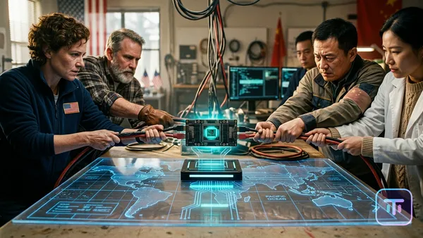 Digital tug-of-war between the US and China over a glowing Nvidia AI chip over a circuit-mapped Pacific Ocean.