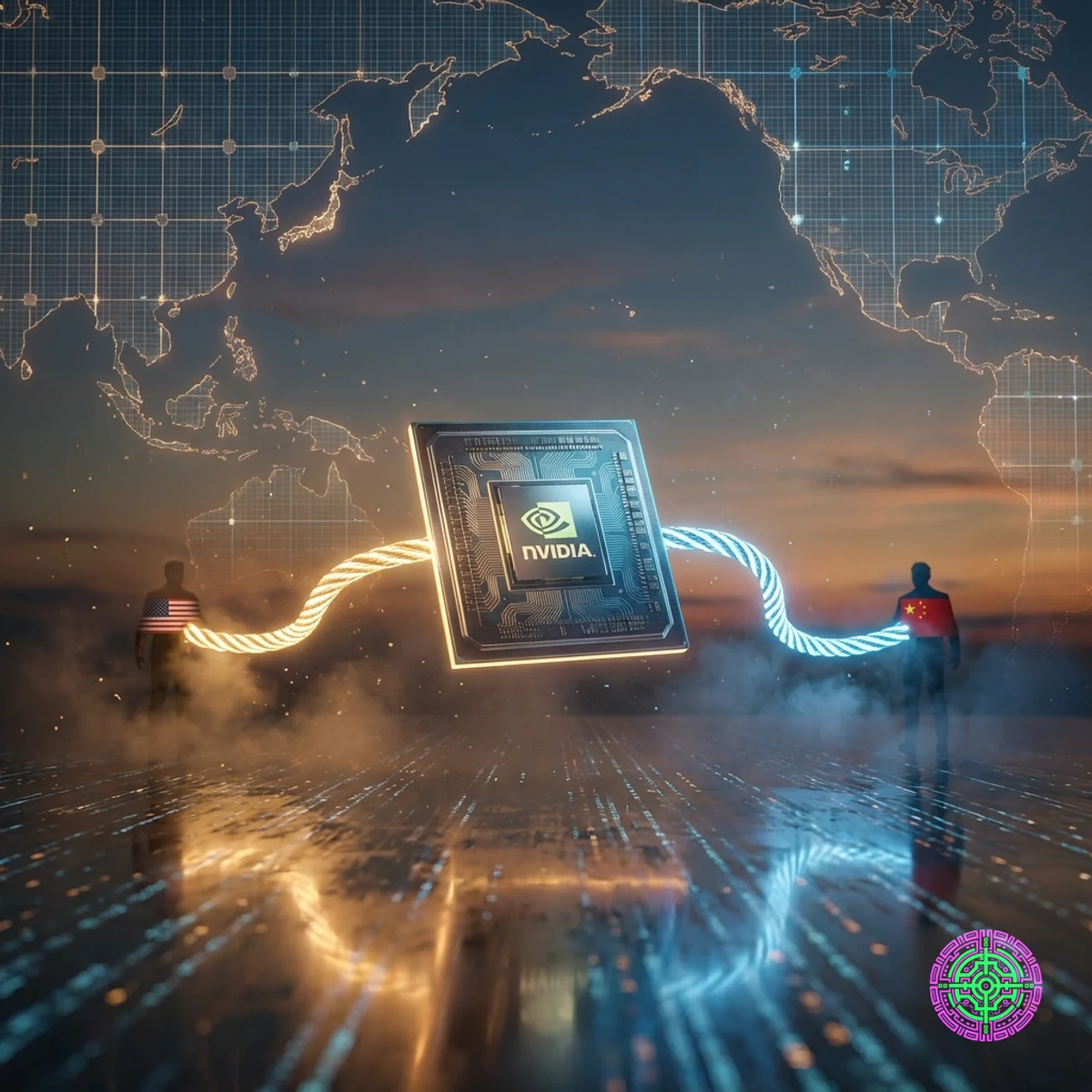 回路図で描かれた太平洋上の、光るNvidia AIチップをめぐる米国と中国の間のデジタル綱引き。
