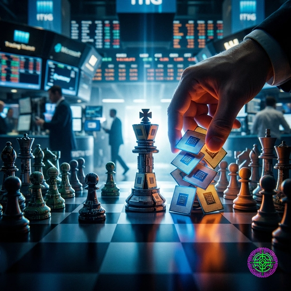 Chess pieces made of computer chips on a trading floor with dramatic lighting