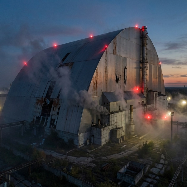 Digital rendering of the Chornobyl New Safe Confinement structure with visible damage from a drone strike.