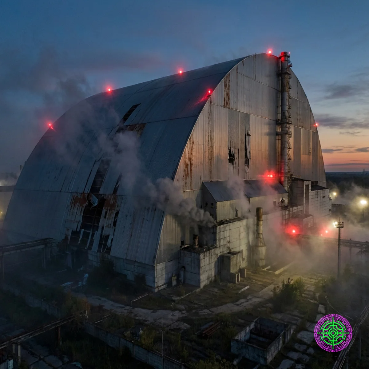 Digitale Darstellung der neuen sicheren Hülle von Tschernobyl mit sichtbaren Schäden durch einen Drohnenangriff.