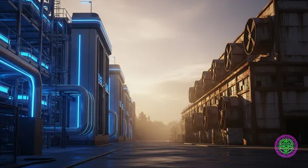 A sprawling, ultra-modern liquid-cooled data center with glowing blue coolant pipes, standing in stark contrast next to a decaying, abandoned first-generation air-cooled data center with rusted massive ventilation fans.