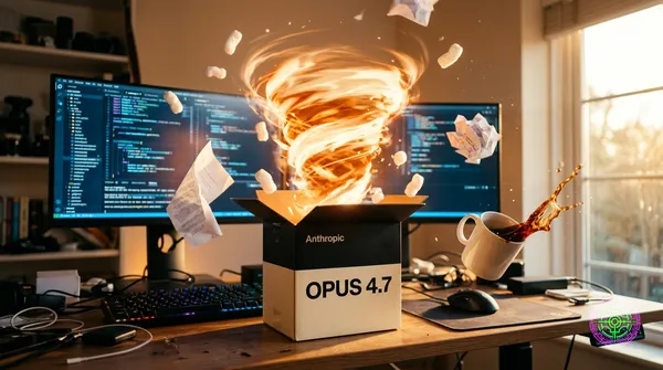 A swirling molten-orange energy tornado erupts from an open Anthropic Opus 4.7 product box on a developer's desk, scattering papers and a tumbling coffee mug in a sunlit home office.