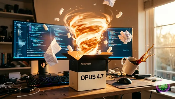 A swirling molten-orange energy tornado erupts from an open Anthropic Opus 4.7 product box on a developer's desk, scattering papers and a tumbling coffee mug in a sunlit home office.