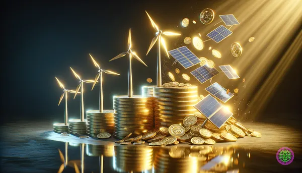 A visualization of gold coins transforming into wind turbines and solar panels.