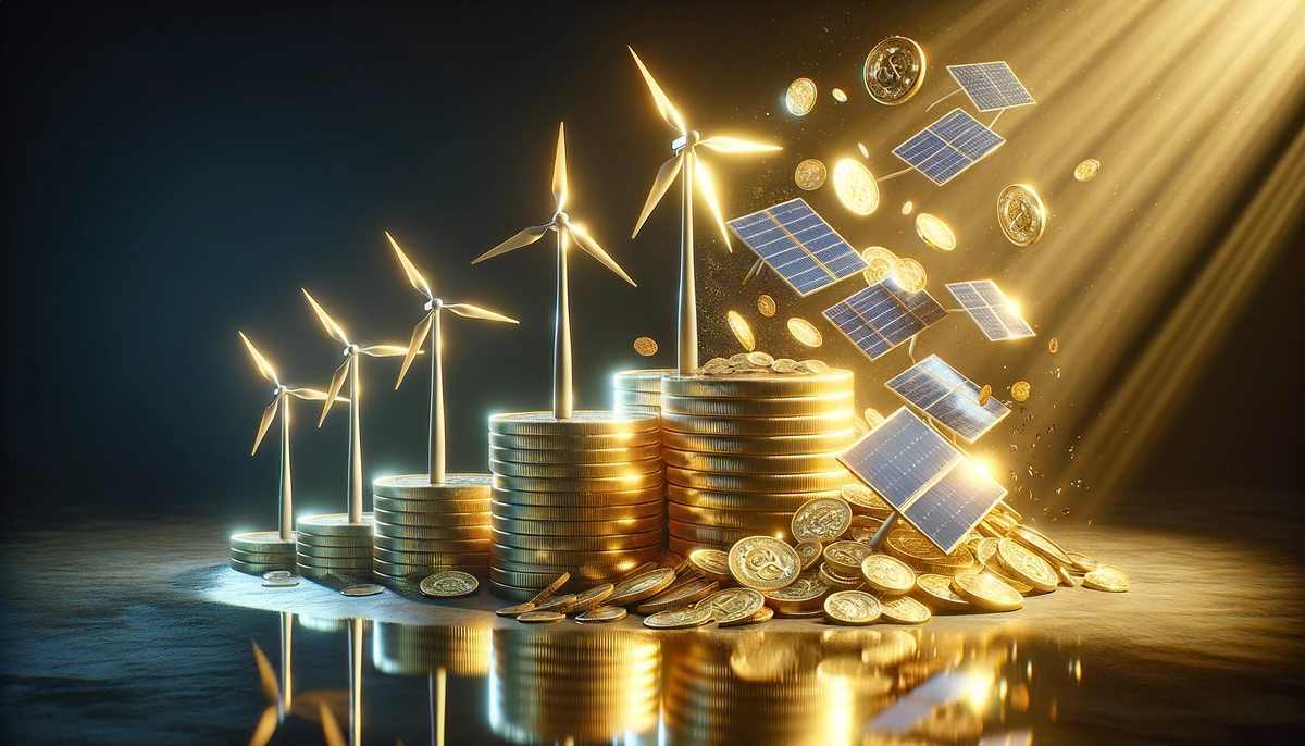 Uma visualização de moedas de ouro se transformando em turbinas eólicas e painéis solares.