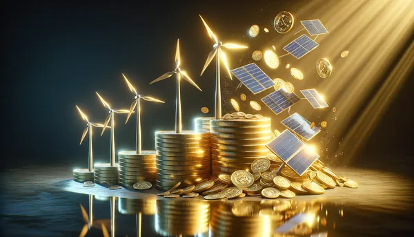 A visualization of gold coins transforming into wind turbines and solar panels.
