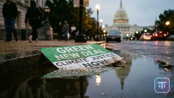 A discarded Green New Deal sign in a puddle near the US Capitol symbolizes the Democratic party's pivot away from climate messaging.