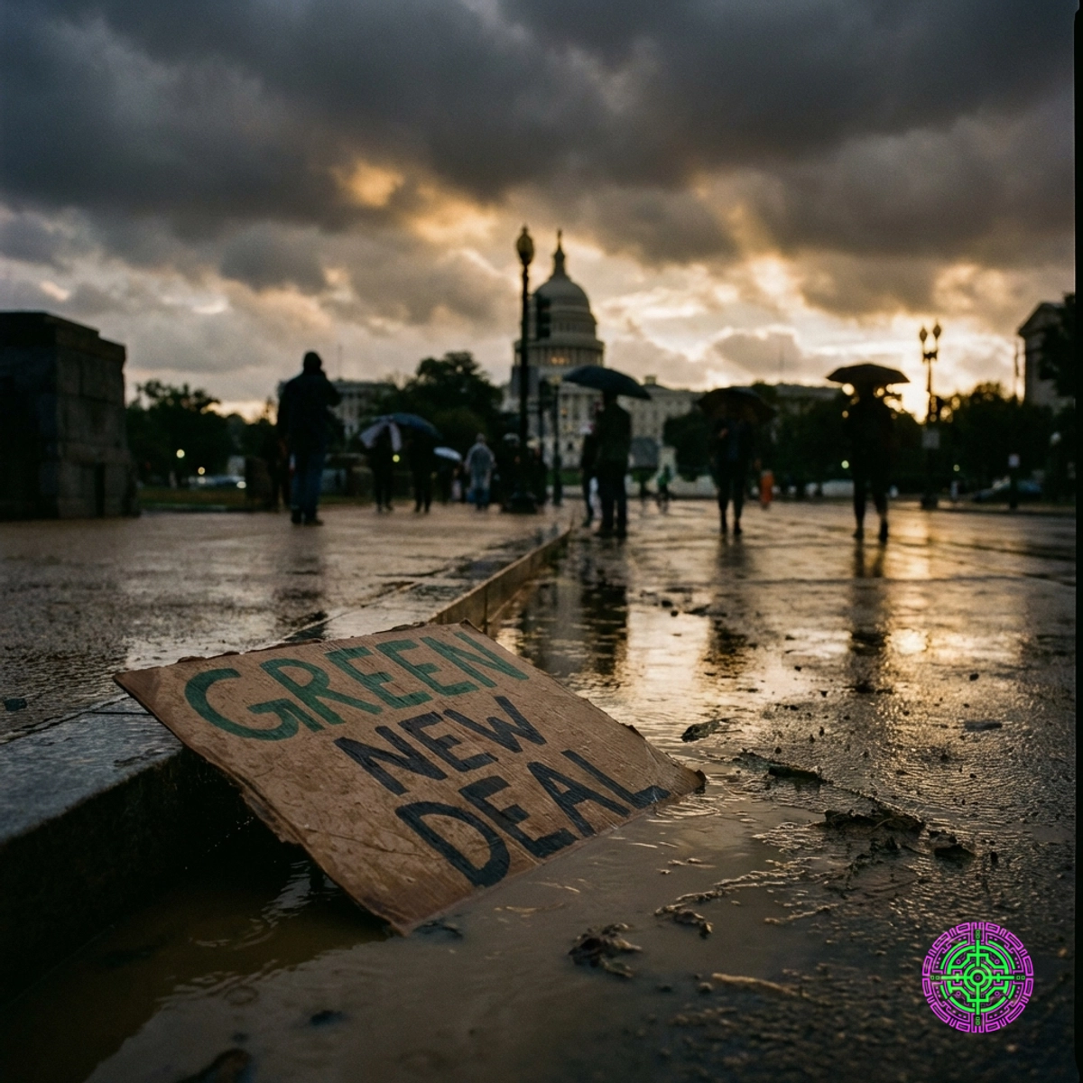 A discarded Green New Deal sign in a puddle near the US Capitol symbolizes the Democratic party's pivot away from climate messaging.