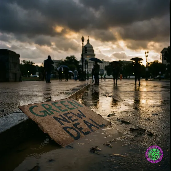 A discarded Green New Deal sign in a puddle near the US Capitol symbolizes the Democratic party's pivot away from climate messaging.