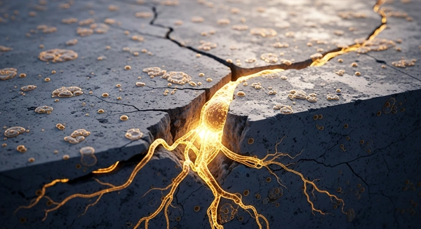 Microscopic cross-section of biological concrete with glowing bacteria healing a crack.