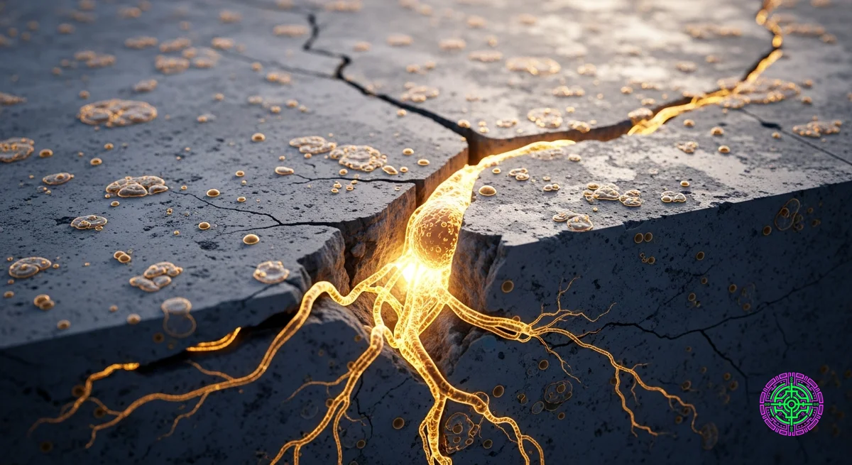 Coupe transversale microscopique de béton biologique avec des bactéries luminescentes réparant une fissure.