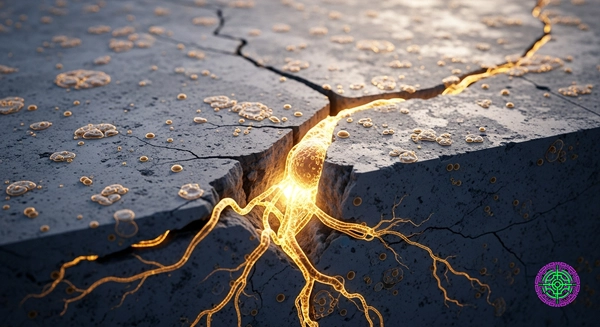Microscopic cross-section of biological concrete with glowing bacteria healing a crack.