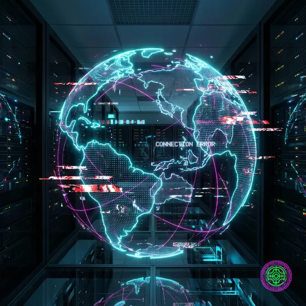 Abstract visualization of a global digital network disrupted by a glitch