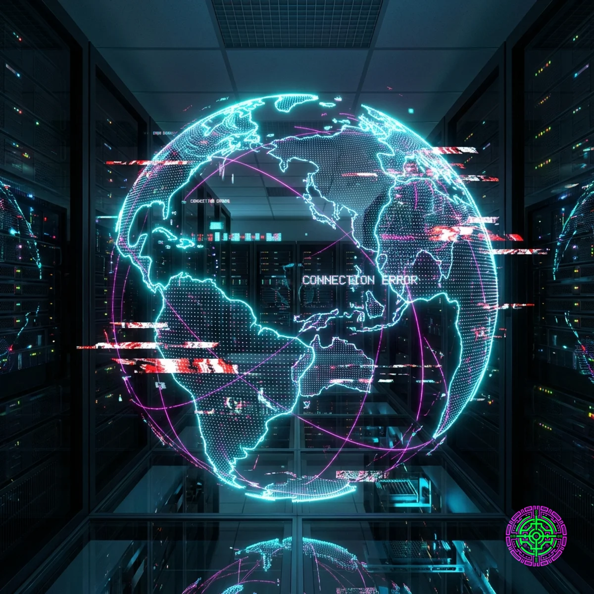Abstract visualization of a global digital network disrupted by a glitch