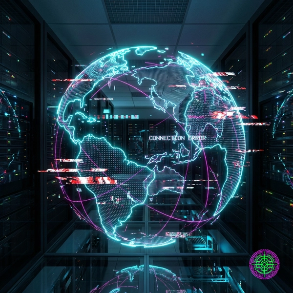 Abstract visualization of a global digital network disrupted by a glitch